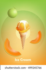 Ice cream cantaloupe melon in the cone, Pour milk syrup and a lot of cantaloupe melon background, transparent Vector