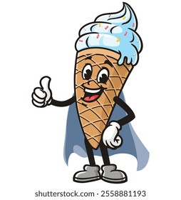 Ice Cream with caped superhero style,  Cartoon Character Mascot Illustration Vector Clip-art Hand-drawn Logo Design