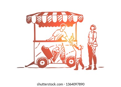 Ice cream, car, child, truck, sweet concept. Hand drawn truck with ice cream. Child eating ice cream concept sketch. Isolated vector illustration.