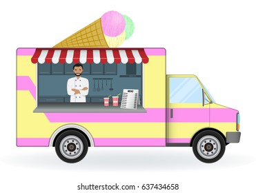 Ice cream car isolated on a white background. Mobile sweets shop vector illustration. Summer cold desserts and drinks sell van. Street food on wheels concept