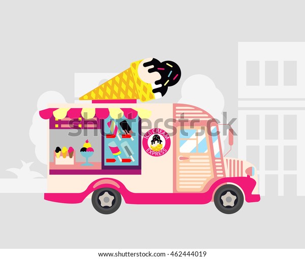 Ice cream car, mobile shop, food truck\
or car. Vector Illustration. On city\
background.