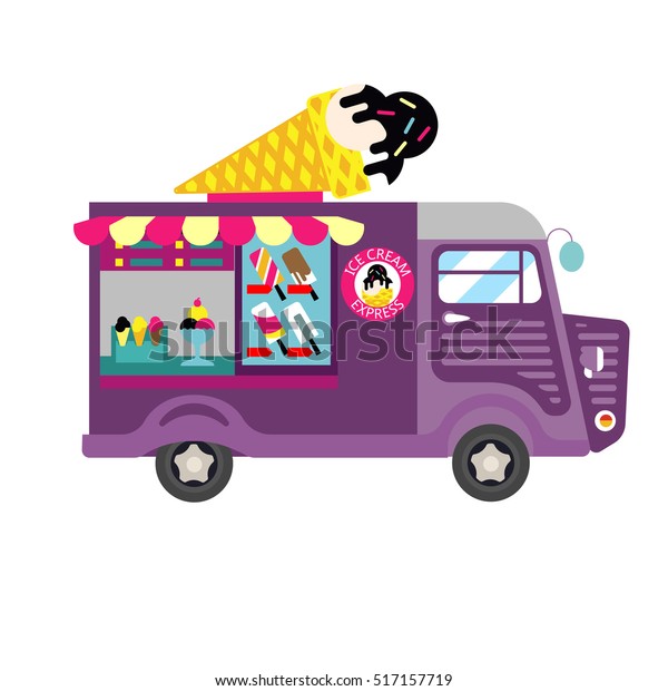 Ice cream car, mobile shop, food truck\
or car. Vector Illustration. On city\
background.