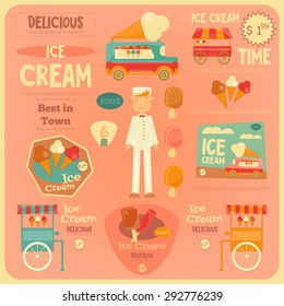 Ice Cream Card in Flat Design Style. Ice Cream Vendor. Vector Illustration.