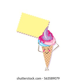 Ice cream and card with space for text. Lovely desserts with a smile. Characters. Vector illustration.