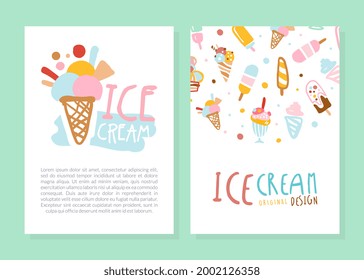 Ice Cream Card Template, Banner, Poster Design with Sweet Tasty Desserts Seamless Pattern and Space for Text Vector Illustration.