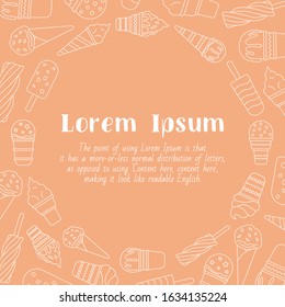 Ice cream card with text and vector outline illustrations of cold sweet dessert for graphic design