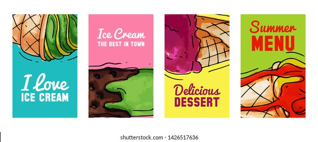 Ice cream cards summer natural fresh and cold sweet food vector illustration. Healthy homemade tasty dairy cone delicious strawberry vanilla gelato frozen icecream. Dessert fruit cool product.