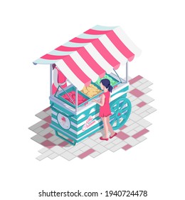 Ice cream cart with awning. Girl buys ice cream on stand. Summer sweet dessert. Street food kiosk, delicious refreshment. Vector cartoon isometric design. Advertising landing page template.