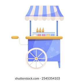 Ice cream cart with colorful cones and a striped canopy. Vector illustration