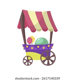 Ice cream cart in flat design. Street food kiosk in amusement park. Vector illustration isolated.