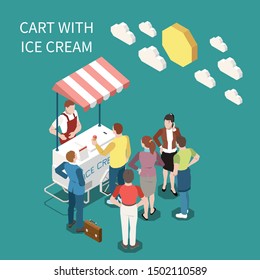 Ice cream cart isometric background with seller and buyers standing near street cart with sweet frozen food vector illustration 