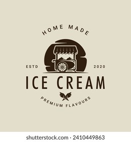 diseño gráfico del icono de la plantilla de la ilustración vintage del logotipo del carrito de helados vectorial. símbolo o signo de gelato congelado para negocio con estilo tipográfico