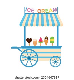 Eis Cream Cart Market Card einzeln auf weißem Hintergrund. Vektorgrafik.