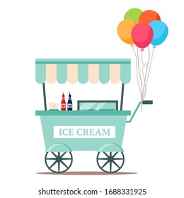 Ice cream cart market with frozen sweet food isolated on white. Cartoon trolley with cold delicious treat with topping. Summer shop decorated with colorful balloons. Vector flat illustration