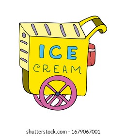 Ice cream cart market. Summer store on wheels. Ice cream kiosk and marketplace. Yellow sweet frozen food shop. Vector hand drawn illustration isolated on white background. Great design for cafe menu.
