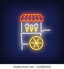 Ice cream cart neon sign. Sale of soft ice cream in cones. Night bright advertisement. Vector illustration in neon style for amusement park and summer