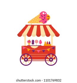 Ice cream cart on wheels with ice cream cone isolated on white background. Summer shop with frozen food sundae, cotton candy, different ice cream, market with sweets flat style