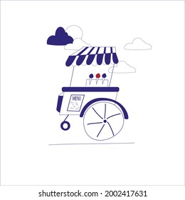 An ice cream cart on wheels is a kiosk with sweet frozen products. Blue monochrome vector illustration in the style of line art. isolated on a white background. The icon.