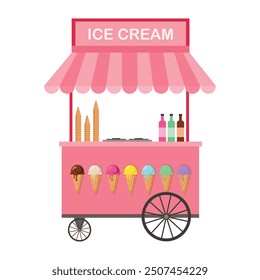 Ice cream cart. Portable ice cream shop. Mobile street food delivery. Shop on wheels vector illustration.