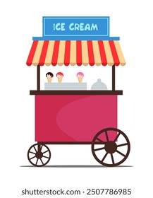 Carrito helado. Venta de helados stand flat Ilustración vectorial. Dulce quiosco de postres de verano. Mercado de feria al aire libre con comida callejera dulce.