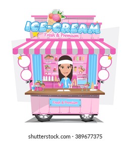 Ice cream cart with seller. Design Elements.Vector Illustration