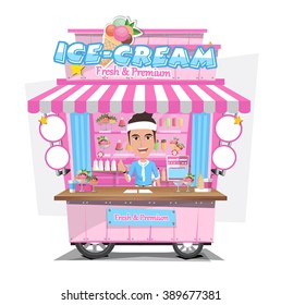 Ice cream cart with seller. Design Elements.Vector Illustration