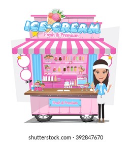 Ice cream cart with seller. Design Elements.Vector Illustration