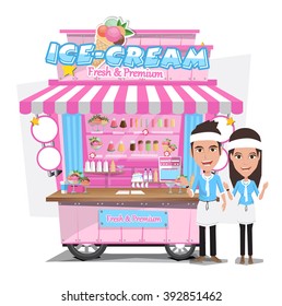 Ice cream cart with seller. Design Elements.Vector Illustration
