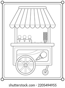 Ice cream cart shop suitable for children's coloring page vector illustration