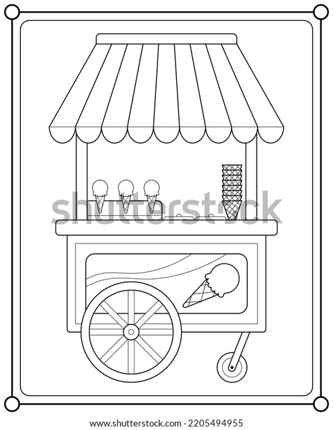 Ice cream cart shop suitable for children\'s\
coloring page vector\
illustration