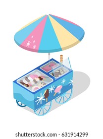 Ice cream cart store. Colored freezer on wheels with umbrella and eskimo on sticks isometric vector illustration isolated on white background. For cafe ad, apps icons, game environment design