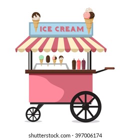 Ice cream cart sweet frozen food kiosk vector. Ice cream cart market and stand ice cream cart. Ice cream cart delicious trolley and ice cream cool cart summer shop of sweet cold food cartoon vector.