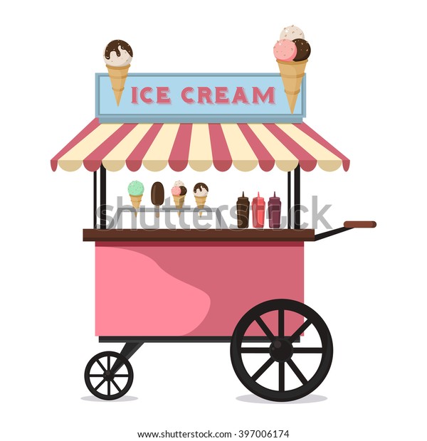 Ice cream cart sweet frozen food kiosk vector.\
Ice cream cart market and stand ice cream cart. Ice cream cart\
delicious trolley and ice cream cool cart summer shop of sweet cold\
food cartoon vector.