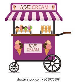 Ice cream cart sweet shop food kiosk summer trolley market vector illustration. Dessert stand store ice cream cart delicious frozen icecream pushcart.