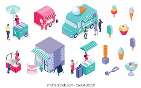 Ice cream cart truck cafe vendor colored isometric icons set 3d isolated vector illustration