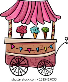 Ice cream cart. Vector doodle illustration on transparent or white backgrounds. Vector illustration for children.