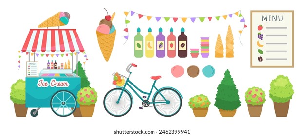 Ice cream cart vector illustration set. Frozen gelato booth. Street food stall, awning, bicycle. Summer town clipart flat design elements. Cute ice-cream scoops, waffle cones, syrup bottles, menu.