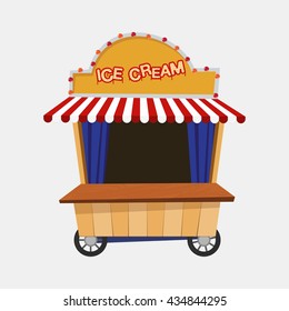 Ice ilustración vectorial de carrito de crema. Divertida caricatura de helados de puesto de comercio móvil