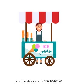 Ice cream cart and young girl. Street seller. Cheerful woman selling delicious summer dessert. Flat vector design