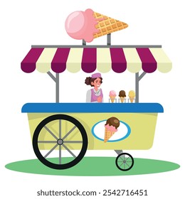 Ice cream cart, young smiling woman working as an ice cream maker. vector illustration.