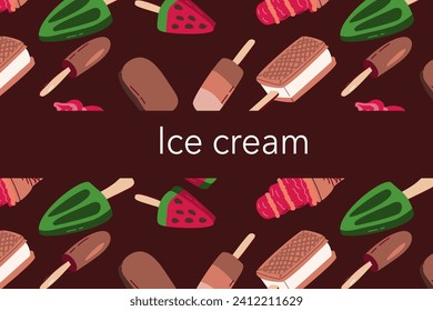 ice cream cartoon background - cover template. Vector illustration isolated. Can used for ice cream cover, wrapping paper template, cartoon ice cream banner on brown background. 