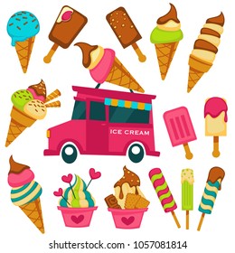 Ice cream cartoon bright flavors vector icons on gleato vendor van cart