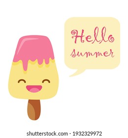 ice cream cartoon character with an expression hello summer in a speech bubble