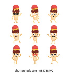 Ice Cream Cartoon Character - modern vector template set of mascot illustrations - dancing, smiling, having a good time. Emoticons, emotions, coolness, surprise, blinking