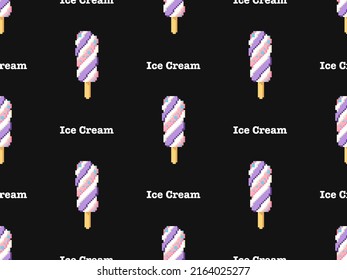 Ice cream cartoon character seamless pattern on black background. Pixel style.