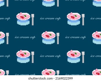 Ice cream cartoon character seamless pattern on blue background. Pixel style