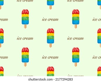 Ice cream cartoon character seamless pattern on green background. Pixel style