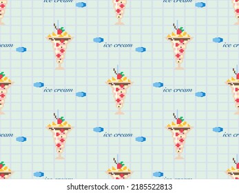 Ice cream cartoon character seamless pattern on blue background. Pixel style