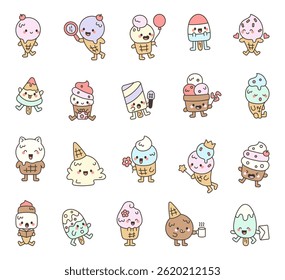 Ice cream cartoon characters in cute kawaii style with cones bars scoops props smiles hearts gifts coffee and flowers