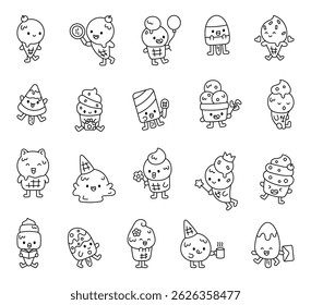 Ice cream cartoon characters in cute kawaii style with cones bars scoops props smiles hearts gifts coffee and flowers